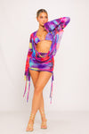 Purple Printed Mesh Ruched Drawstring Overlay Co-Ord