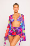 Purple Printed Mesh Ruched Drawstring Overlay Co-Ord