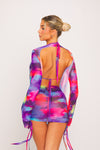 Purple Printed Mesh Ruched Drawstring Overlay Co-Ord