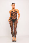 Black Lace Plunge Bustier Cross Back Jumpsuit