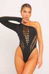 Black Multi Cut Out One Shoulder Bodysuit
