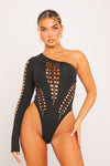 Black Multi Cut Out One Shoulder Bodysuit