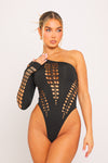 Black Multi Cut Out One Shoulder Bodysuit