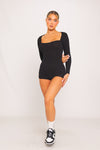 Black Ribbed Square Neck Open Back Long Sleeve Playsuit