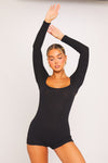 Black Ribbed Square Neck Open Back Long Sleeve Playsuit