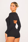 Black Ribbed Square Neck Open Back Long Sleeve Playsuit