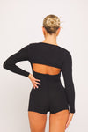 Black Ribbed Square Neck Open Back Long Sleeve Playsuit