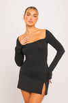 Black Square Neck Long Sleeve Split Mini Dress