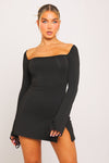 Black Square Neck Long Sleeve Split Mini Dress