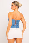 Blue Denim Bustier Boned Lace Back Corset Crop Top