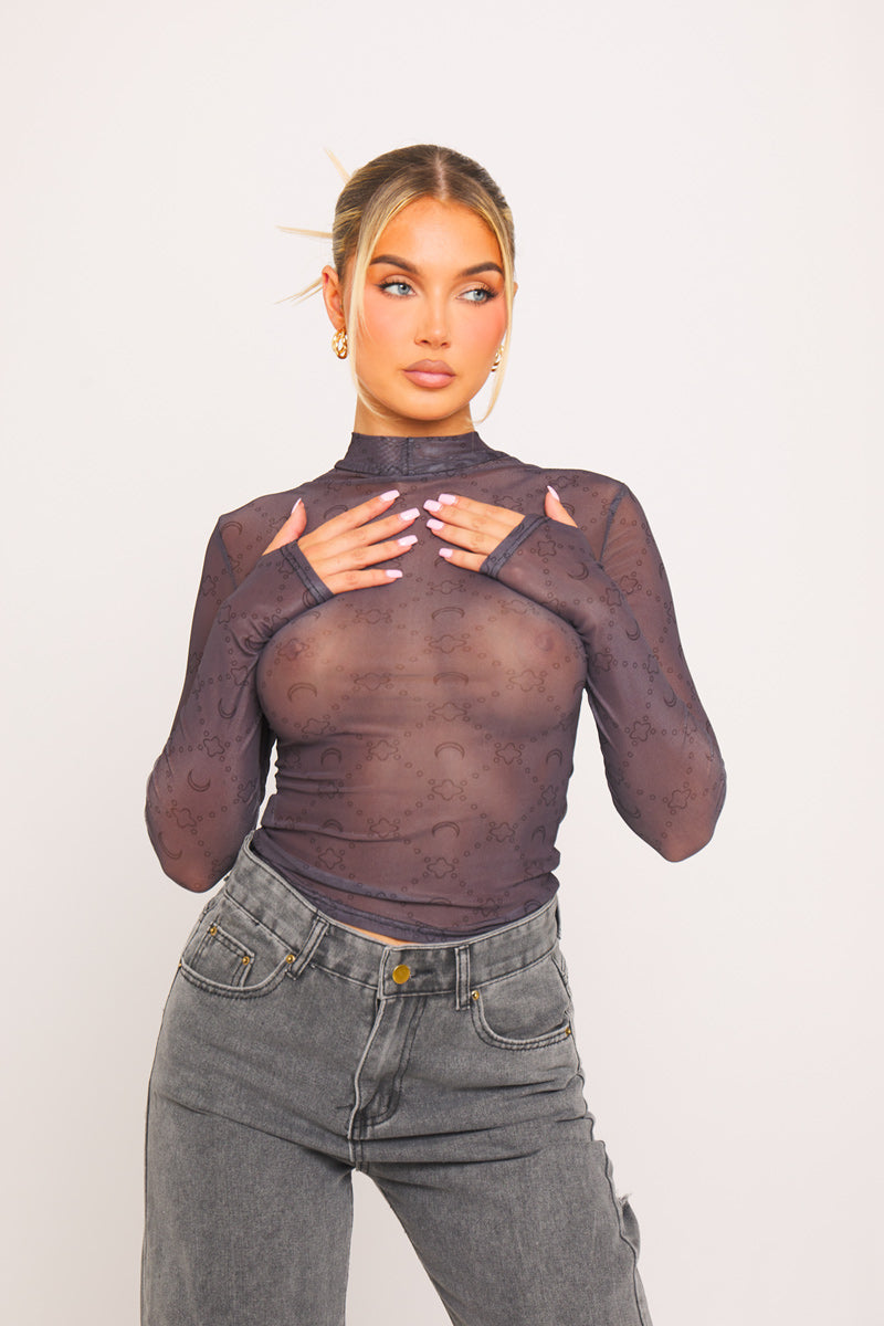 Dark Grey High Neck Monogram Sheer Long Sleeve Top