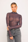 Dark Grey High Neck Monogram Sheer Long Sleeve Top