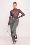 Dark Grey High Neck Monogram Sheer Long Sleeve Top