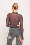Dark Grey High Neck Monogram Sheer Long Sleeve Top