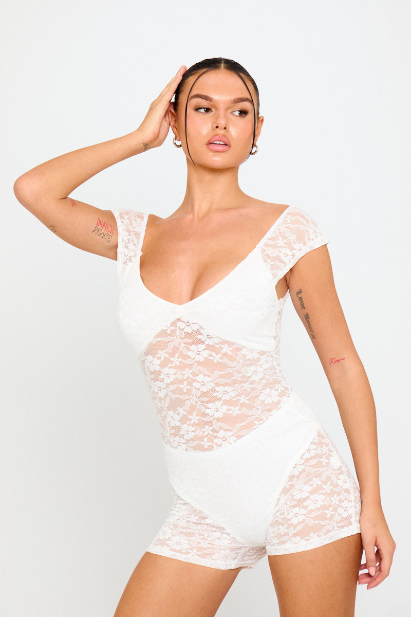 White Sheer Floral Lace Cap Sleeve Playsuit