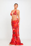 Red Abstract Print Triangle Bikini & Long Maxi Skirt