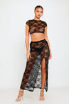 Black Sheer Lace Tie Back Crop Top & Split Maxi Skirt