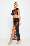 Black Sheer Lace Tie Back Crop Top & Split Maxi Skirt