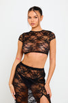 Black Sheer Lace Tie Back Crop Top & Split Maxi Skirt
