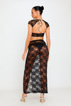 Black Sheer Lace Tie Back Crop Top & Split Maxi Skirt