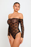 Black Sheer Lace Off Shoulder Long Sleeve Bodysuit