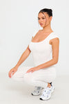 White Open Back Scoop Neck Cap Sleeve Jumpsuit 