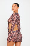 Brown Leopard Print Tie Front Crop Top & Mini Skirt