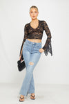 Black Sheer Lace Plunge Flared Sleeve Crop Top