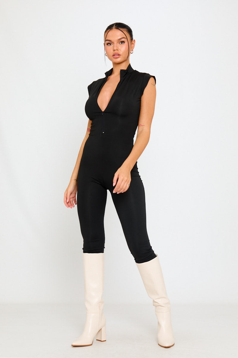Black Zip Front High Neck Cap Sleeve Jumpsuit