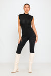 Black Zip Front High Neck Cap Sleeve Jumpsuit