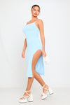 Light Blue Knit Crochet Tie Back Side Split Midi Dress