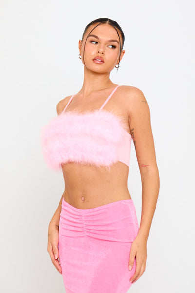 Pink Fluffy Faux Fur Spaghetti Strap Crop Top | Nothingbutstyle