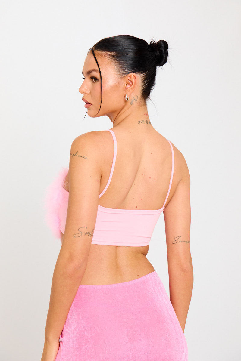 Pink Fluffy Faux Fur Spaghetti Strap Crop Top