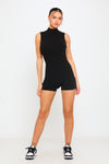 Black Seamless High Neck Sleeveless Playsuit