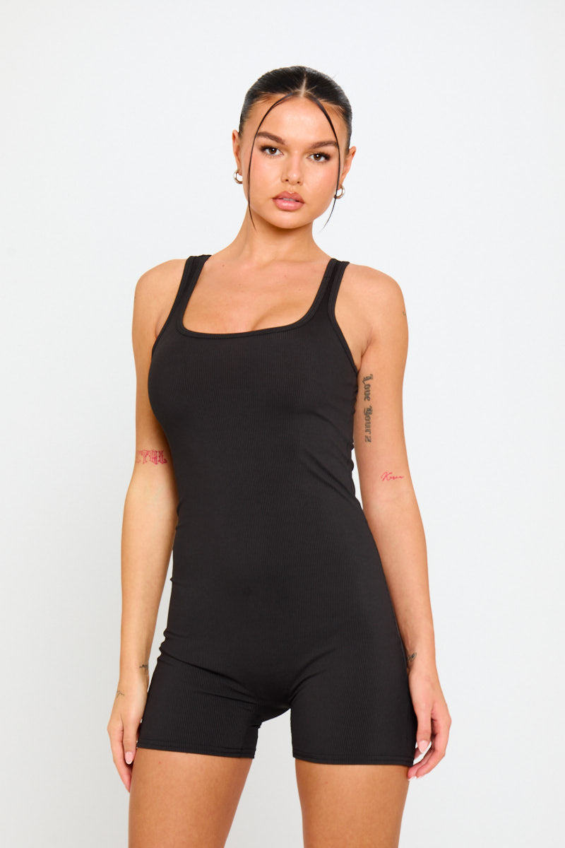 Black Ribbed Scoop Neck Sleeveless Playsuit