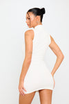 White Zip Front Sleeveless High Neck Mini Dress