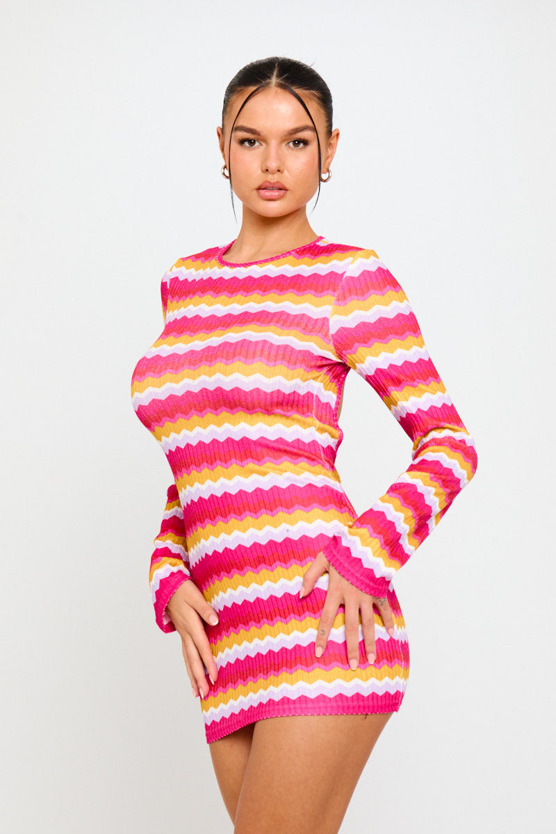 Pink Multi Stripe Knit Open Back Long Sleeve Mini Dress