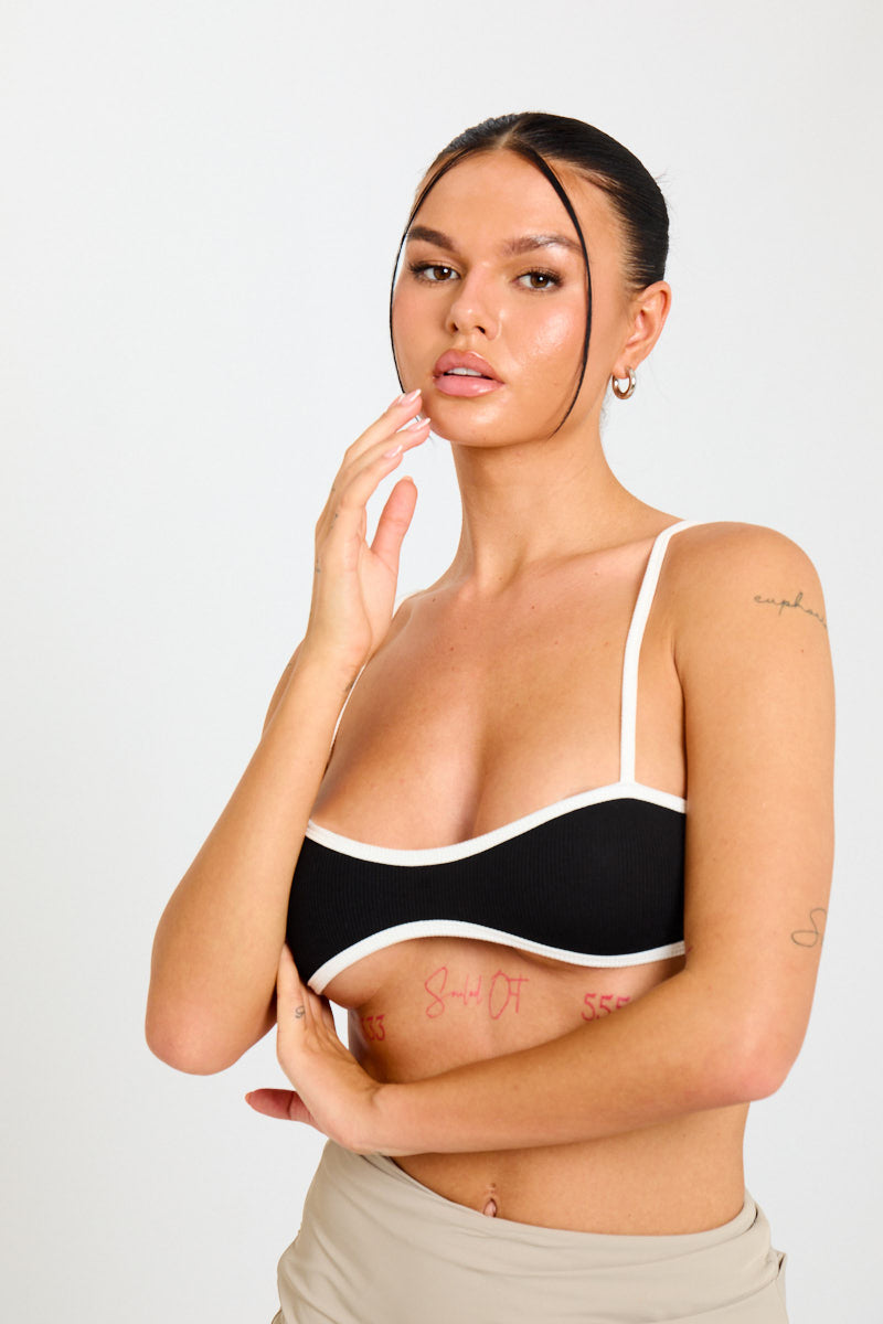 Black Ribbed Knit Contrast Strappy Crop Top