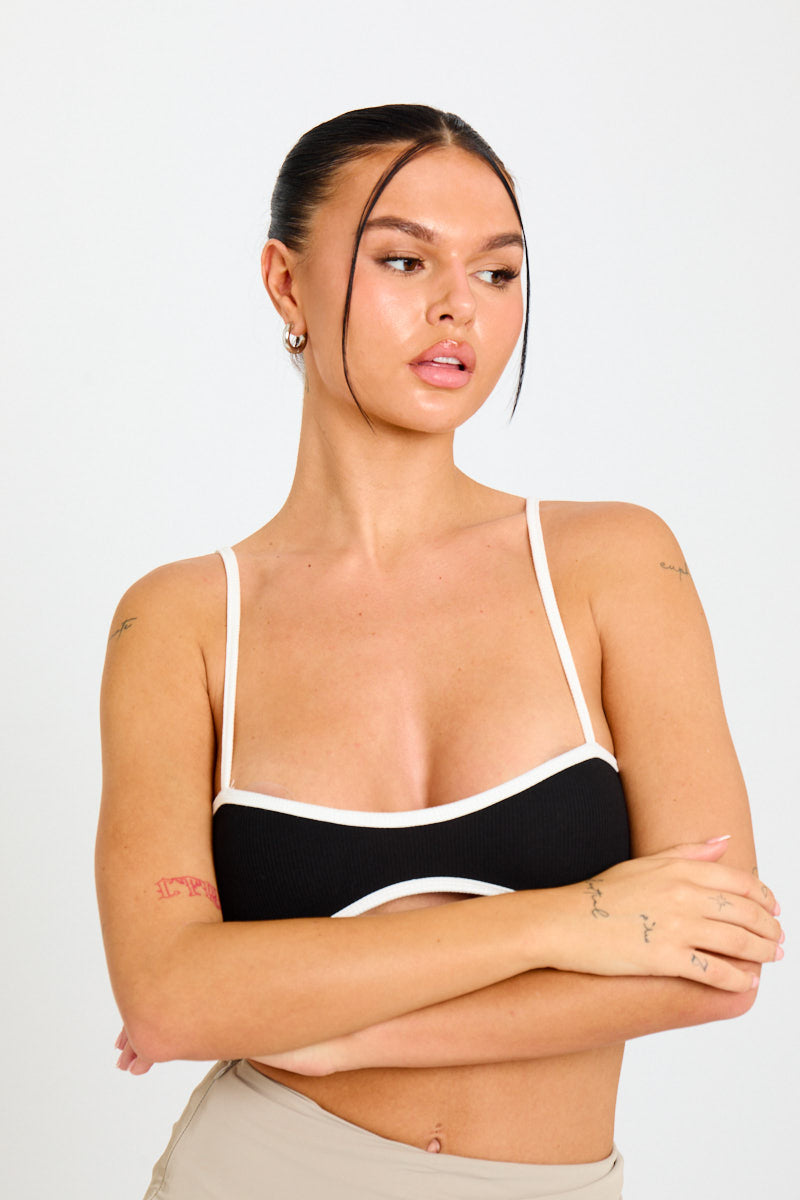 Black Ribbed Knit Contrast Strappy Crop Top