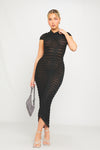 Black High Neck Sheer Knit Tube Short Sleeve Midi Dress