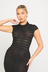 Black High Neck Sheer Knit Tube Short Sleeve Midi Dress