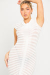 White High Neck Sheer Knit Tube Short Sleeve Midi Dress