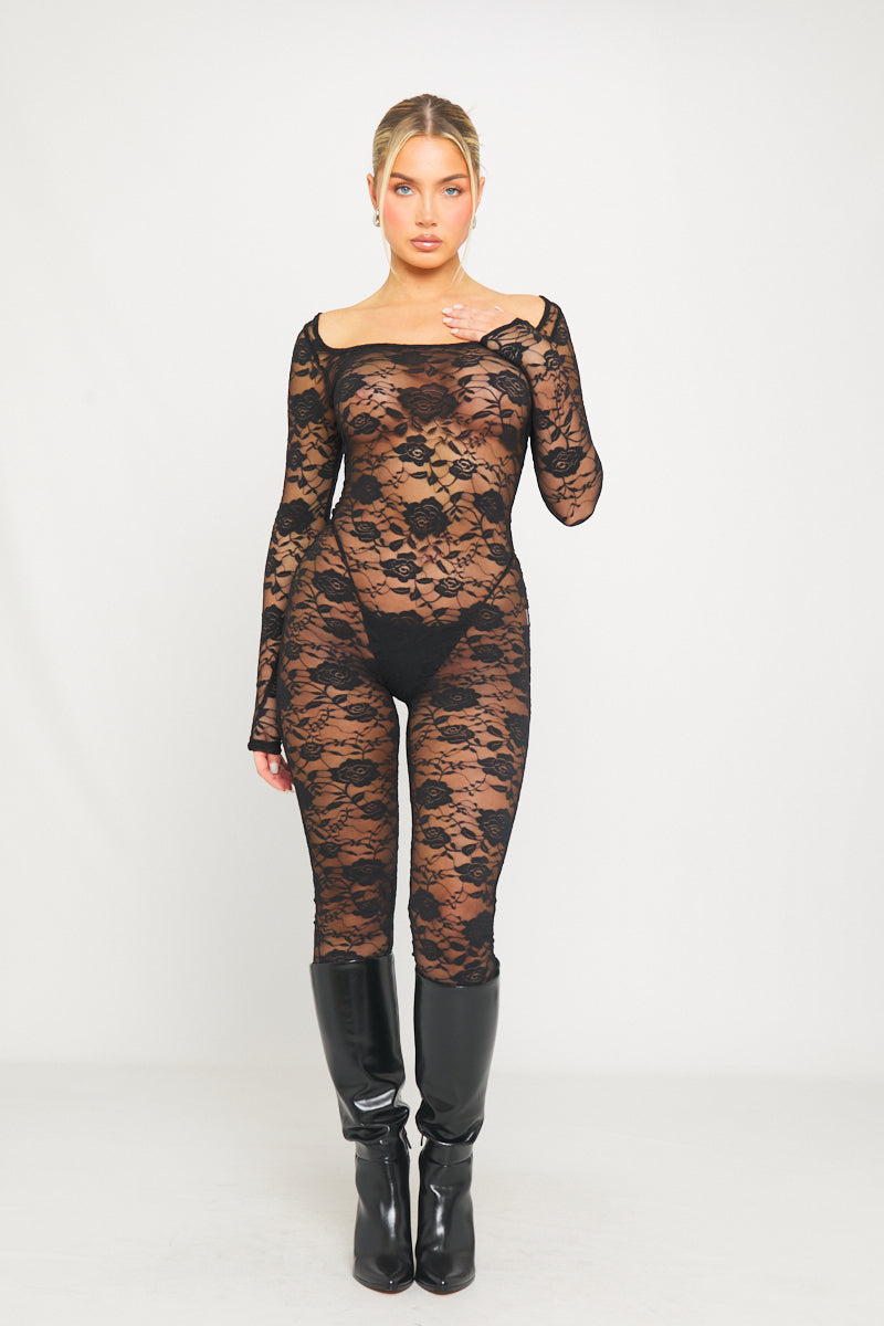 Black Lace Round Neck Long Sleeve Jumpsuit