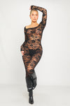 Black Lace Round Neck Long Sleeve Jumpsuit