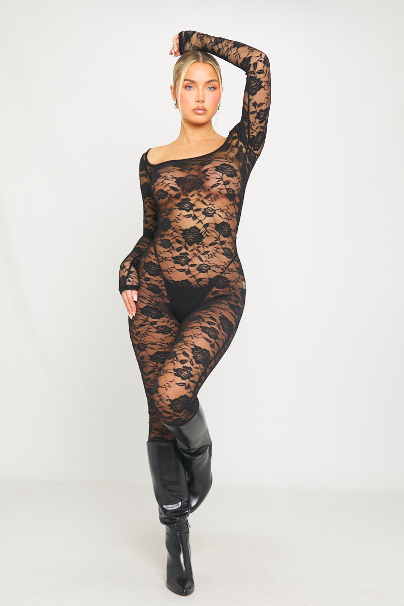 Black Lace Round Neck Long Sleeve Jumpsuit