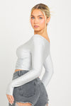 Silver Plunge Long Sleeve Wrap Top