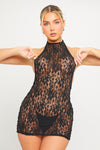 Black Sheer Lace Halter Open Back Mini Dress