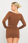 Brown Round Neck Long Sleeve Bodycon Mini Dress