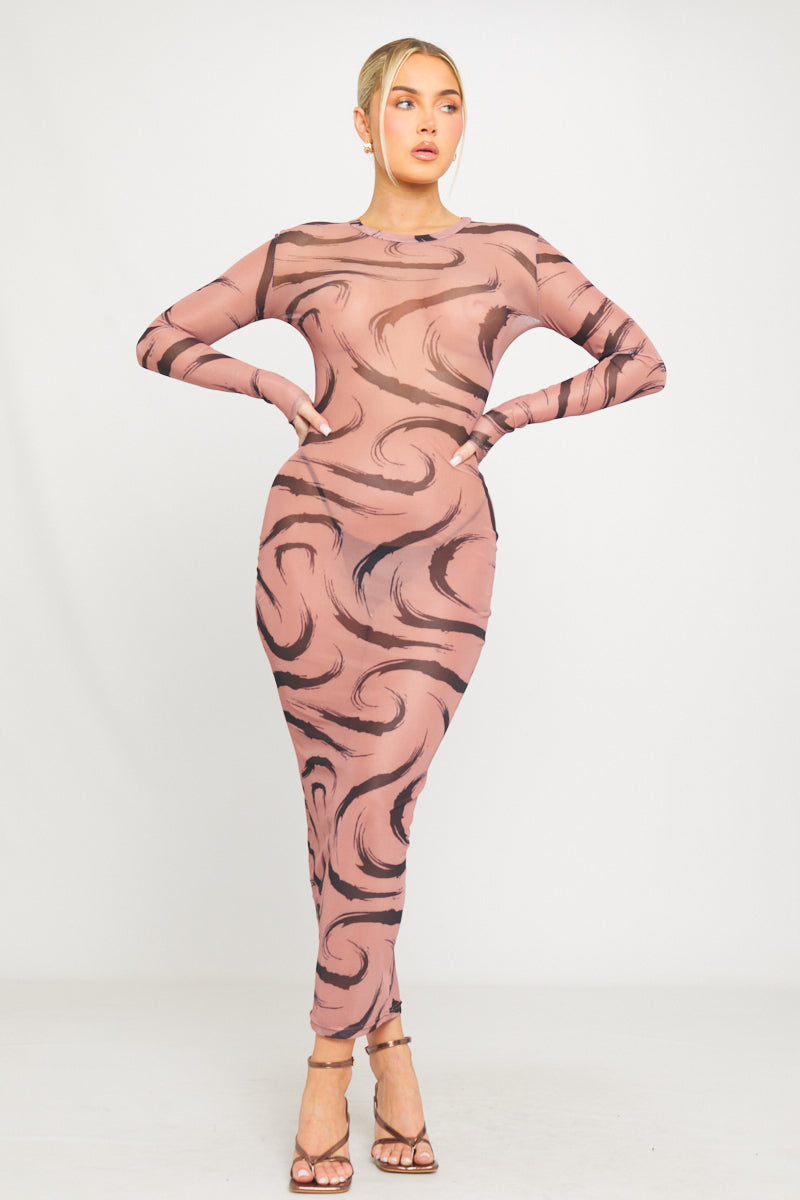 Mocha Sheer Mesh Printed Long Sleeve Maxi Dress