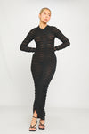 Black High Neck Sheer Knit Long Sleeve Midi Dress